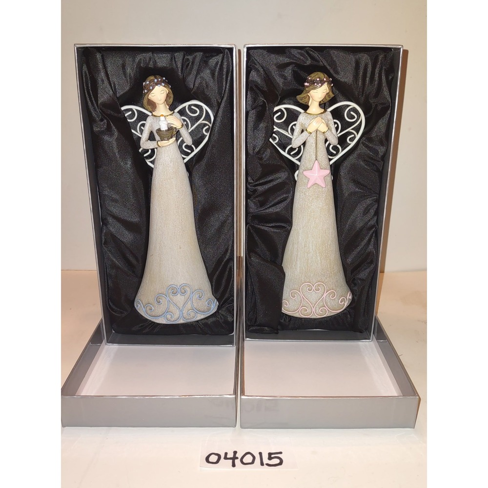 Set of 2 Valerie Parr Hill Resin Angels Heart Wings Candle Star Religious
